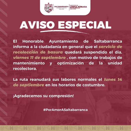 Suspensión del servicio de recolección de basura por motivos de mantenimiento